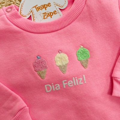  Conj. Blusa de Moletom Sorvetinhos "Dia Feliz" e Legging Corações - Rosa Neon